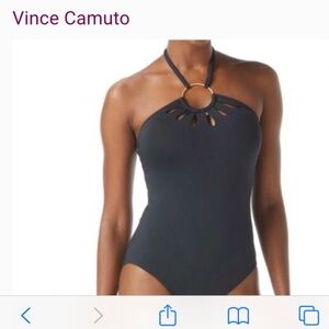 Vince Camuto Womens Logo Ring Cut Out Halter One Piece Swimsuit Solids